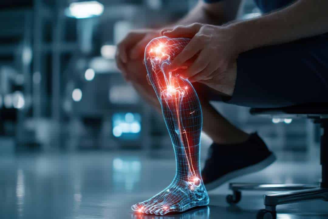 Dolor nervioso mostrado en una representación tecnológica de la pierna. nerve pain shown in technological representation of the leg